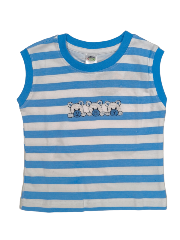 blue colour striped sleeveless t-shirt for infant boys, from baby boys clothes tiny racks collection, soft cotton t-shirt for infants.