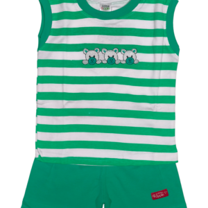 green colour striped baby boys sleeveless t-shirt and shorts set, from tiny racks baby boys clothes collection, soft cotton outfit for infants.