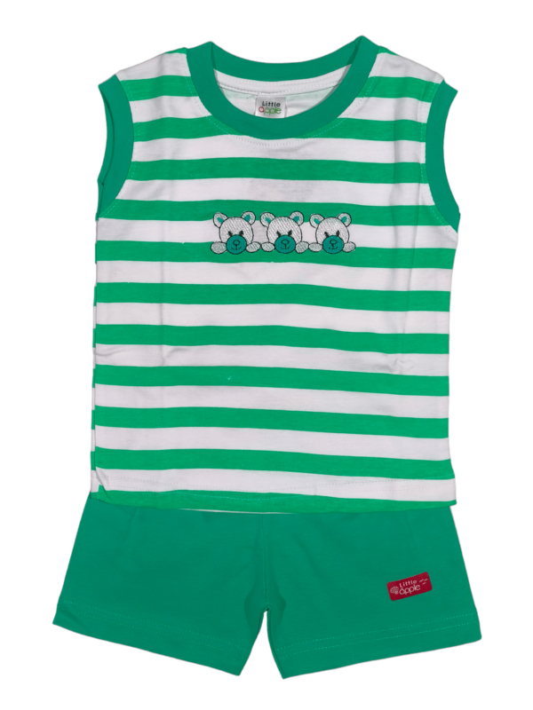 green colour striped baby boys sleeveless t-shirt and shorts set, from tiny racks baby boys clothes collection, soft cotton outfit for infants.