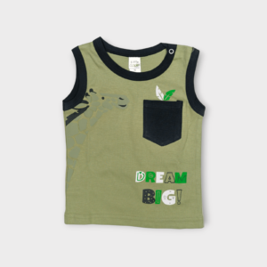 olive green sleeveless t-shirt for baby boys, from tiny racks baby boys clothes collection, soft cotton t-shirt for infants.