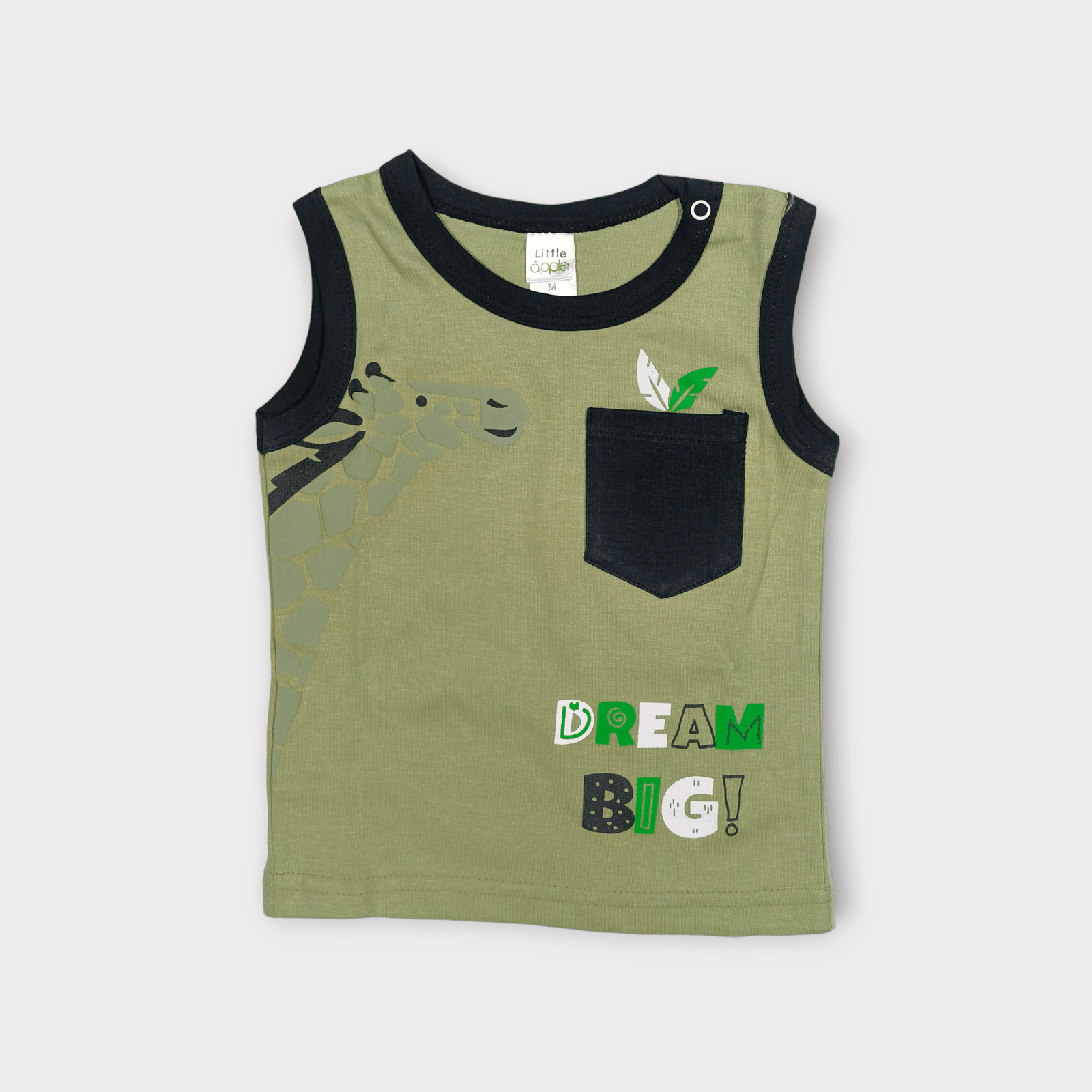 olive green sleeveless t-shirt for baby boys, from tiny racks baby boys clothes collection, soft cotton t-shirt for infants.