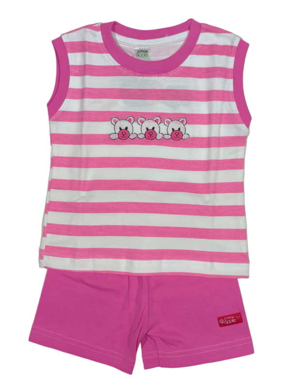 pink colour striped baby boys sleeveless t-shirt and shorts set, soft cotton outfit for infants.