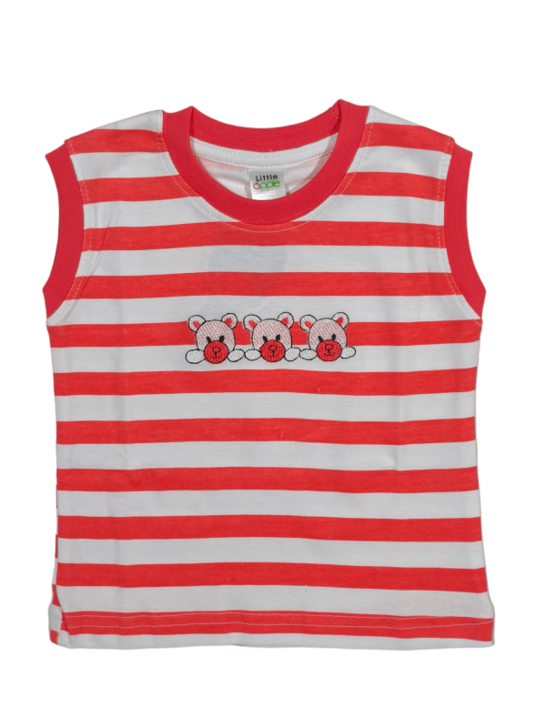 red colour striped sleeveless t-shirt for infant boys, from baby boys clothes tiny racks collection, soft cotton t-shirt for infants.