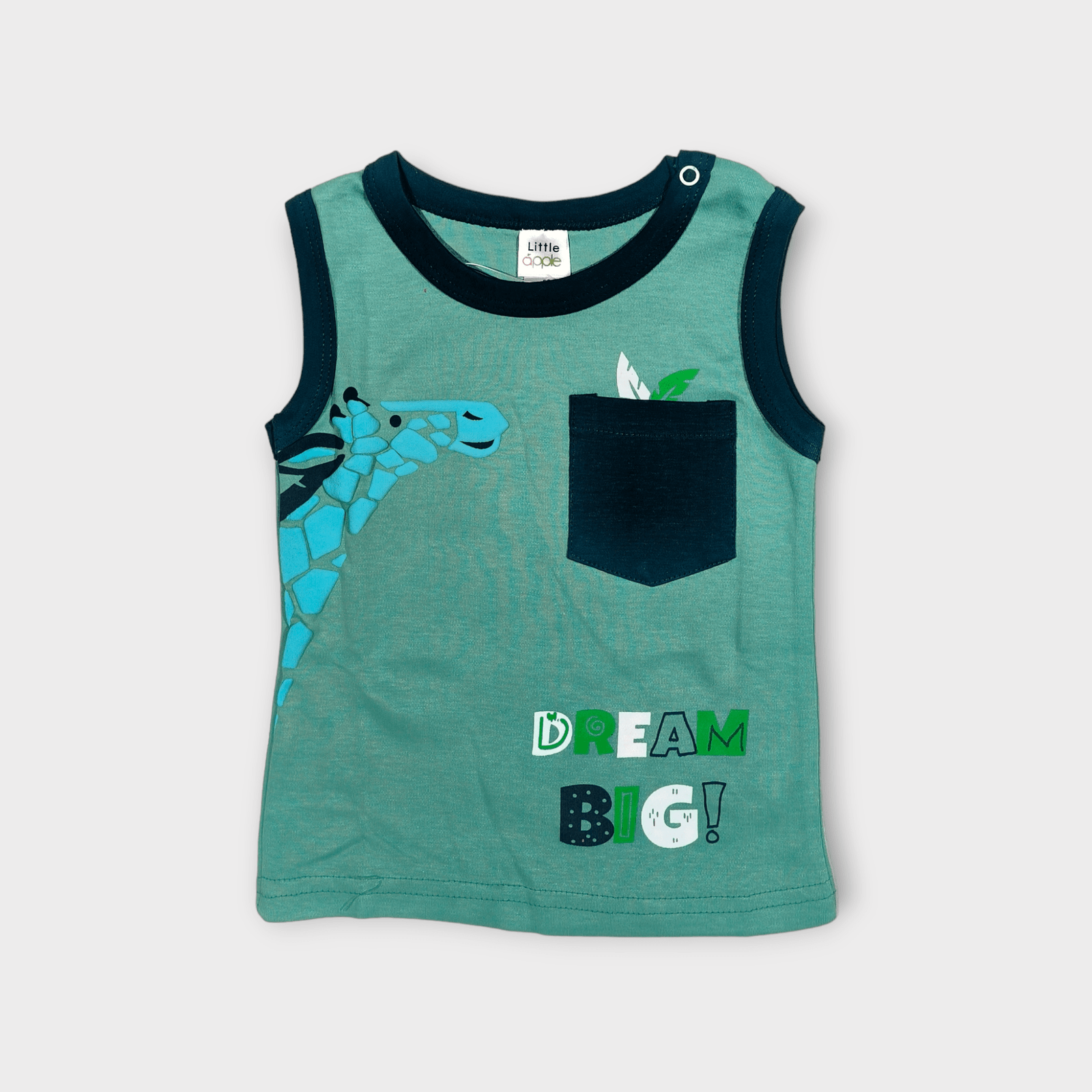 green sleeveless t-shirt for baby boys, from tiny racks baby boys clothes collection, soft cotton t-shirt for infants.