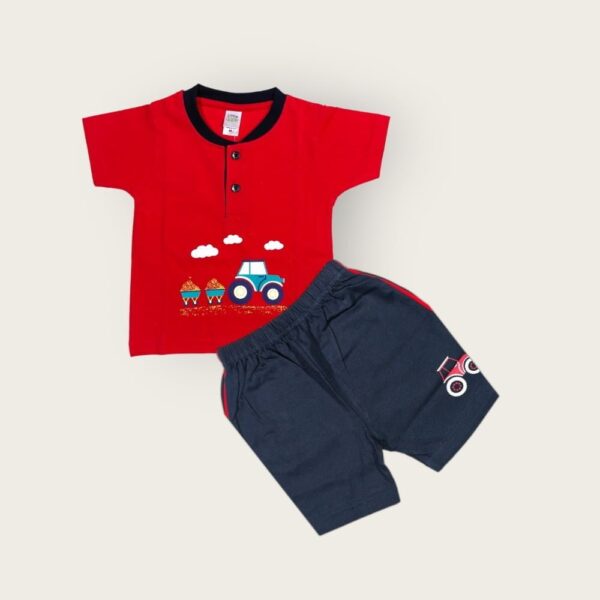 red and navy blue t-shirt and shorts set for baby boys, from tiny racks baby boys clothes collection, soft cotton outfit for infants.