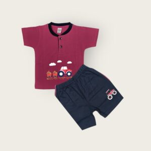 wine red t-shirt and shorts set for baby boys, from tiny racks baby boys clothes collection, soft cotton outfit for infants.